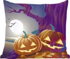 Sierkussen - Twee Pompoenen Tijdens Een Halloween Avond In Een Tekening