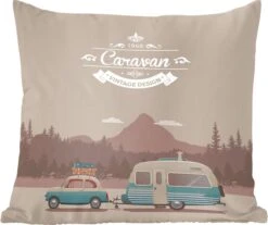 Sierkussens - Kussen - Illustratie Van Een Vintage Caravan In De Bergen - 45x45 Cm - Kussen Van Katoen