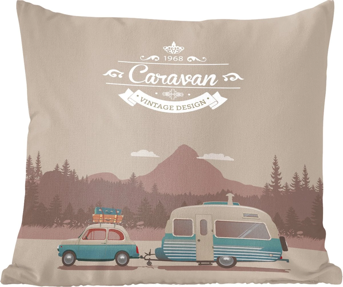 Sierkussens - Kussen - Illustratie Van Een Vintage Caravan In De Bergen - 45x45 Cm - Kussen Van Katoen 3 Sierkussens - Kussen - Illustratie Van Een Vintage Caravan In De Bergen - 45x45 Cm - Kussen Van Katoen