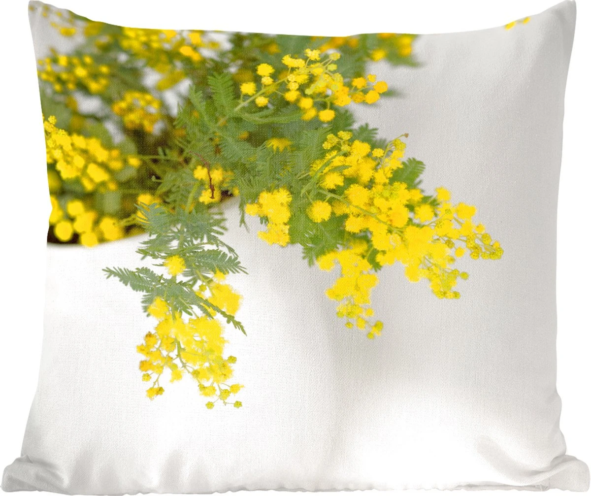 Sierkussens - Kussentjes Woonkamer - 50x50 Cm - Gele Mimosa Planten Met Groene Bladeren In Een Grote Pot 3 Sierkussens - Kussentjes Woonkamer - 50x50 Cm - Gele Mimosa Planten Met Groene Bladeren In Een Grote Pot