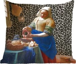 Sierkussens - Kussentjes Woonkamer - 60x60 Cm - Melkmeisje - Kunst - Panterprint - Vermeer - Schilderij - Oude Meesters