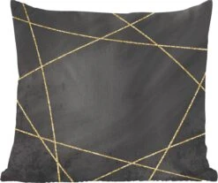 Sierkussens - Kussen - Geometrisch Patroon Van Gouden Lijnen Op Een Zwarte Achtergrond - 60x60 Cm - Kussen Van Katoen