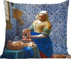 Sierkussens - Kussentjes Woonkamer - 60x60 Cm - Melkmeisje - Delfts Blauw - Vermeer - Schilderij - Oude Meesters