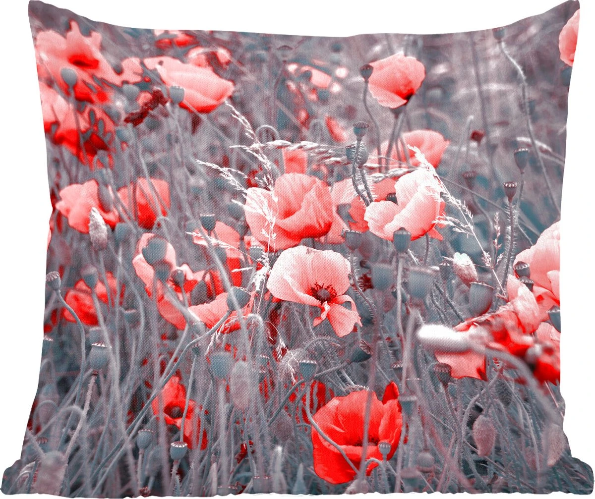 Sierkussen - Rode Klaprozen In Een - Zwart En Wit - 40 Cm X 40 Cm 3 Sierkussen - Rode Klaprozen In Een - Zwart En Wit - 40 Cm X 40 Cm