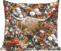 Sierkussens - Kussentjes Woonkamer - 60x60 Cm - Schotse Hooglander - Bloemen - Oranje