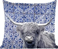 Sierkussens - Kussentjes Woonkamer - 40x40 Cm - Schotse Hooglander - Delfts Blauw - Zwart - Wit