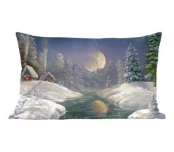 Sierkussen - Winter Maan Huis - Multicolor - 30 Cm X 50 Cm