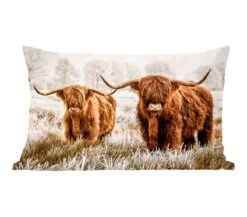 Sierkussens - Kussentjes Woonkamer - 50x30 Cm - Schotse Hooglander - Koe - Dieren - Natuur - Heide