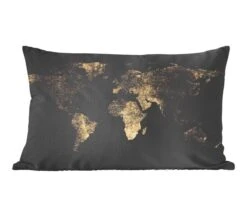 Sierkussens - Kussen - Goudkleurige Wereldkaart Op Een Zwarte Achtergrond Met Een Beetje Goud - 50x30 Cm - Kussen Van Katoen -Pillowmonkey 1200x1053 27