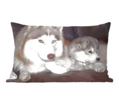 Sierkussens - Kussen - Grote Hond Met Een Kleine Pup Op De Bank - 50x30 Cm - Kussen Van Katoen