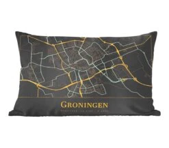 Sierkussens - Kussentjes Woonkamer - 60x40 Cm - Kaart - Groningen - Luxe - Goud - Zwart