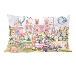 Sierkussens - Kussentjes Woonkamer - 60x40 Cm - Parijs - Regenboog - Kinderen - Roze - Meisjes - Dieren