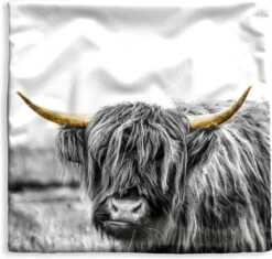 Kussenhoes 50x50 Cm - Schotse Hooglander - Goud - Gras - Zwart - Wit - Katoen / Polyester - Voor Binnen