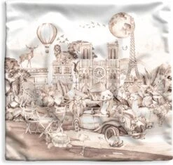 Kussenhoes 40x40 Cm - Kinderen - Parijs - Panda - Dieren - Luchtballon - Katoen / Polyester - Voor Binnen