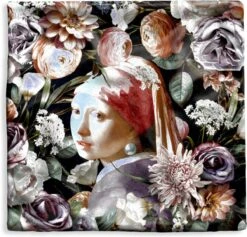 Kussenhoes 40x40 Cm - Meisje Met De Parel - Bloemen - Vermeer - Pastel - Kunstwerk - Schilderij - Oude Meesters - Katoen / Polyester - Voor Binnen