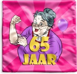 Kussenhoes 40x40 Cm - Vrouw - Jubileum Cadeau - 65 Jaar - Katoen / Polyester - Voor Binnen