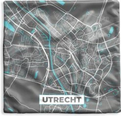 Kussenhoes 50x50 Cm - Plattegrond - Utrecht - Grijs - Blauw - Katoen / Polyester - Voor Binnen - Stadskaart