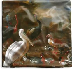 Kussenhoes 40x40 Cm - Een Pelikaan En Ander Gevogelte Bij Een Waterbassin - Schilderij Van Melchior D'Hondecoeter - Katoen / Polyester - Voor Binnen