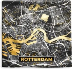 Kussenhoes 45x45 Cm - Kaart - Rotterdam - Goud - Zwart - Katoen / Polyester - Voor Binnen