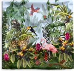 Kussenhoes 60x60 Cm - Natuur - Jungledieren - Tropisch - Jongens - Meisjes - Kinderen - Zebra - Flamingo - Katoen / Polyester - Voor Binnen