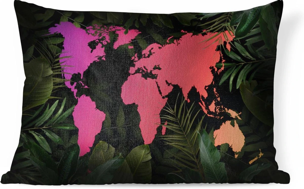 Sierkussens - Kussen - Paarse En Roze Wereldkaart Omlijst Met Tropische Bladeren - 60x40 Cm - Kussen Van Katoen 3 Sierkussens - Kussen - Paarse En Roze Wereldkaart Omlijst Met Tropische Bladeren - 60x40 Cm - Kussen Van Katoen
