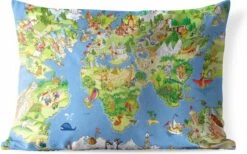 Buitenkussens - Tuin - Kinder Wereldkaart Dieren En Gebouwen - 50x30 Cm