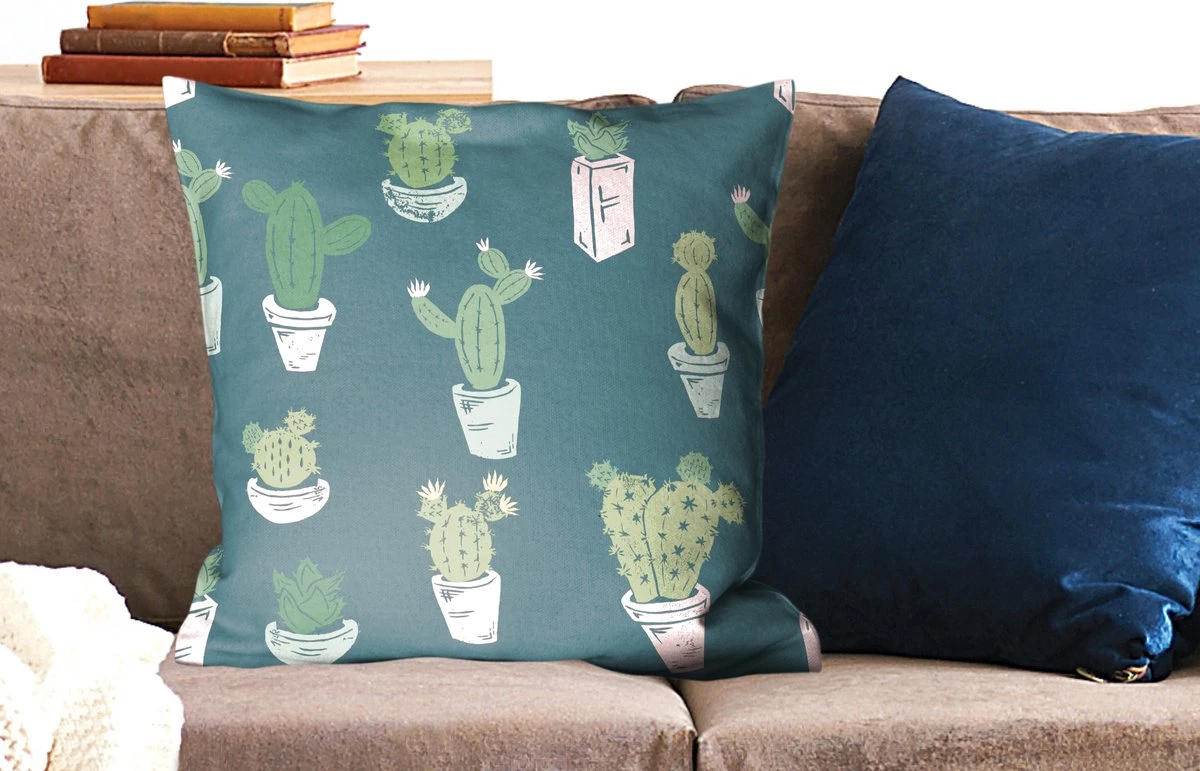Kussenhoes 60x60 Cm - Zomer - Cactus - Blauw - Katoen / Polyester - Voor Binnen 4 Kussenhoes 60x60 Cm - Zomer - Cactus - Blauw - Katoen / Polyester - Voor Binnen - Afbeelding 2