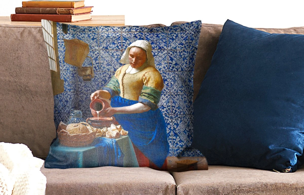 Sierkussens - Kussentjes Woonkamer - 60x60 Cm - Melkmeisje - Delfts Blauw - Vermeer - Schilderij - Oude Meesters 4 Sierkussens - Kussentjes Woonkamer - 60x60 Cm - Melkmeisje - Delfts Blauw - Vermeer - Schilderij - Oude Meesters - Afbeelding 2