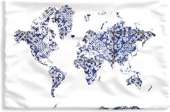 Kussenhoes 60x40 Cm - Wereldkaart - Delfts Blauw - Wit - Katoen / Polyester - Voor Binnen