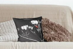 Sierkussens - Kussentjes Woonkamer - 40x40 Cm - Zwart-wit Foto Van Een Rode Lieveheersbeestje Op Een Plant -Pillowmonkey 1200x800 1326