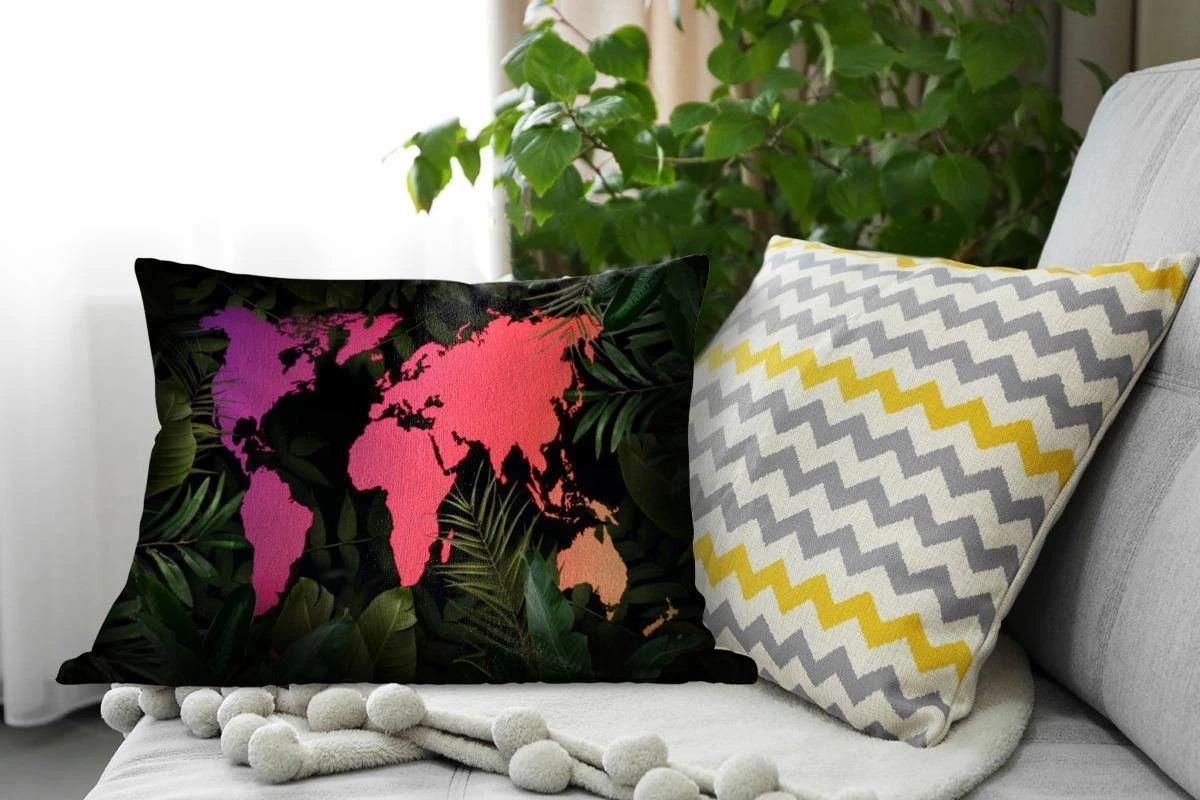 Sierkussens - Kussen - Paarse En Roze Wereldkaart Omlijst Met Tropische Bladeren - 60x40 Cm - Kussen Van Katoen 5 Sierkussens - Kussen - Paarse En Roze Wereldkaart Omlijst Met Tropische Bladeren - 60x40 Cm - Kussen Van Katoen - Afbeelding 3