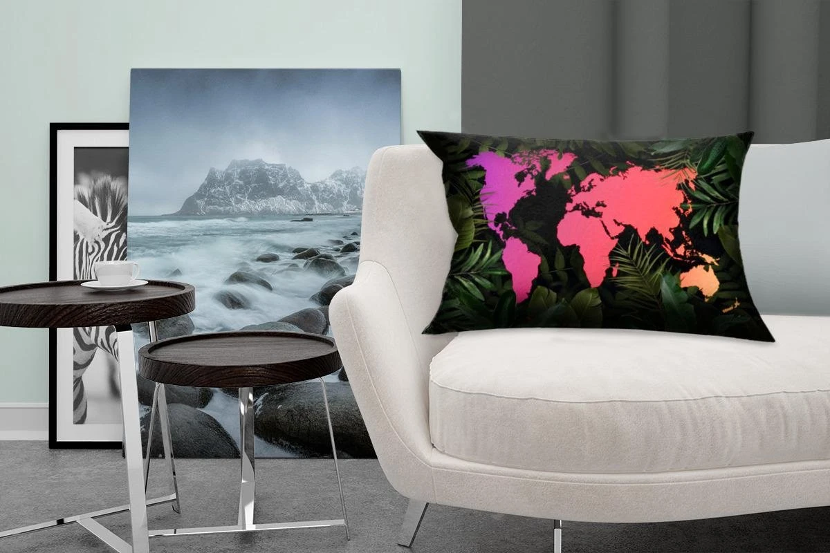 Sierkussens - Kussen - Paarse En Roze Wereldkaart Omlijst Met Tropische Bladeren - 60x40 Cm - Kussen Van Katoen 7 Sierkussens - Kussen - Paarse En Roze Wereldkaart Omlijst Met Tropische Bladeren - 60x40 Cm - Kussen Van Katoen - Afbeelding 5