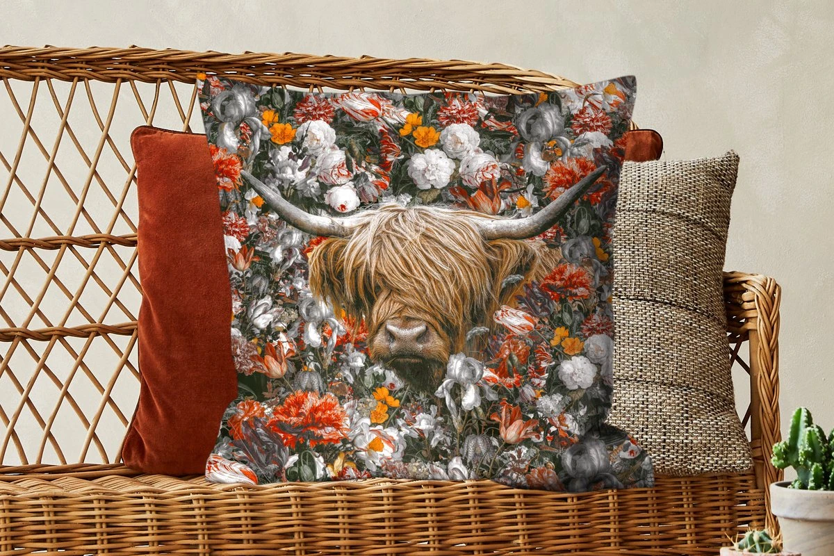 Sierkussens - Kussentjes Woonkamer - 60x60 Cm - Schotse Hooglander - Bloemen - Oranje 7 Sierkussens - Kussentjes Woonkamer - 60x60 Cm - Schotse Hooglander - Bloemen - Oranje - Afbeelding 5