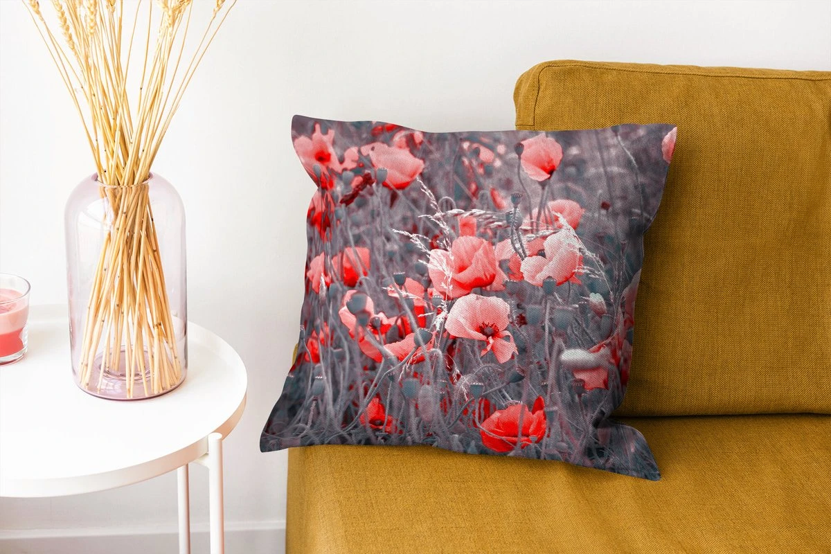 Sierkussen - Rode Klaprozen In Een - Zwart En Wit - 40 Cm X 40 Cm 8 Sierkussen - Rode Klaprozen In Een - Zwart En Wit - 40 Cm X 40 Cm - Afbeelding 6