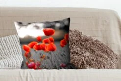 Sierkussen - Rode Klaprozen Tegen Zwarte Met Witte Achtergrond - Multicolor - 50 Cm X 50 Cm -Pillowmonkey 1200x800 2344