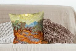 Sierkussens - Kussentjes Woonkamer - 50x50 Cm - Olijfbomen Met Gele Hemel En Zon - Schilderij Van Vincent Van Gogh -Pillowmonkey 1200x800 2689