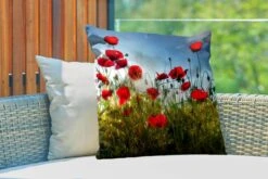 Buitenkussens - Tuin - Lange Rode Klaprozen In Toscane Op Een Zonnige Dag - 60x60 Cm -Pillowmonkey 1200x800 2820