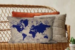 Kussenhoes 60x40 Cm - Wereldkaart - Bloemen - Blauw - Katoen / Polyester - Voor Binnen -Pillowmonkey 1200x800 298