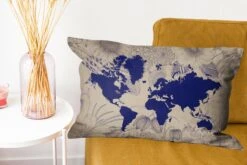 Kussenhoes 60x40 Cm - Wereldkaart - Bloemen - Blauw - Katoen / Polyester - Voor Binnen -Pillowmonkey 1200x800 299