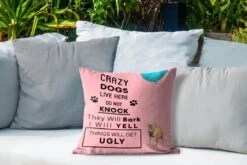 Buitenkussens - Tuin - Honden Quote 'Crazy Dogs Live Here' En Een Roze Achtergrond Met Vliegende Honden - 40x40 Cm -Pillowmonkey 1200x800 2996