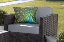 Buitenkussens - Tuin - Een Weergaloze Foto Van Een Groene Pauw Met Gespreide Staart - 60x40 Cm -Pillowmonkey 1200x800 3001