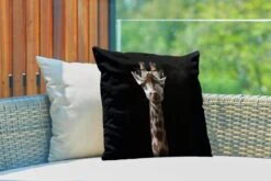 Buitenkussens - Tuin - Giraffe Met Bril Op Zwarte Achtergrond - 45x45 Cm -Pillowmonkey 1200x800 3219