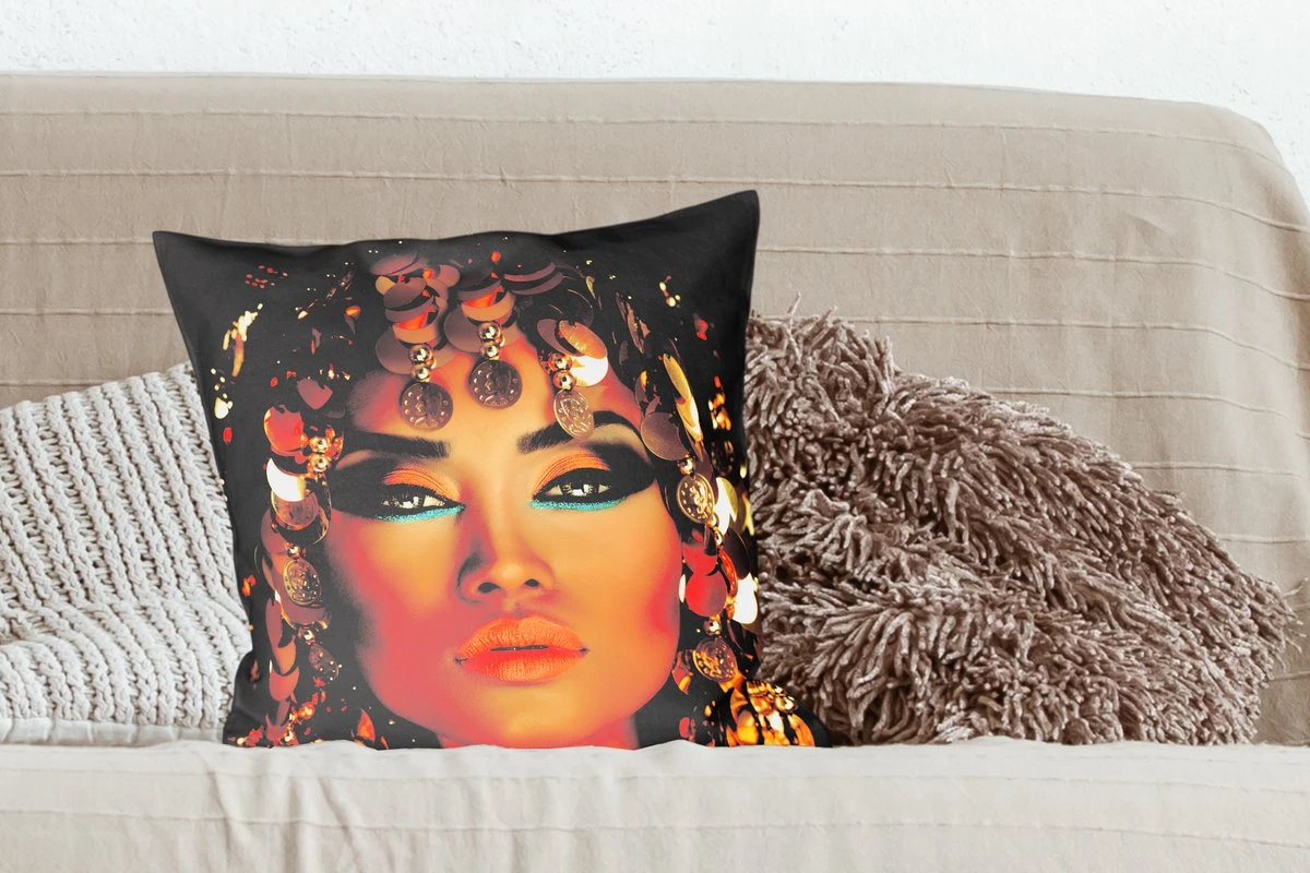 Kussenhoes 50x50 Cm - Vrouw - Goud - Zwart - Katoen / Polyester - Voor Binnen 5 Kussenhoes 50x50 Cm - Vrouw - Goud - Zwart - Katoen / Polyester - Voor Binnen - Afbeelding 3