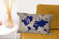 Kussenhoes 50x30 Cm - Wereldkaart - Bloemen - Blauw - Katoen / Polyester - Voor Binnen -Pillowmonkey 1200x800 956