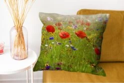 Sierkussens - Kussentjes Woonkamer - 60x60 Cm - Lente - Bloemen - Rood - Klaproos - Gras - Groen -Pillowmonkey 1200x802 295