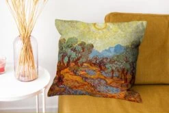 Sierkussens - Kussentjes Woonkamer - 50x50 Cm - Olijfbomen Met Gele Hemel En Zon - Schilderij Van Vincent Van Gogh -Pillowmonkey 1200x802 300
