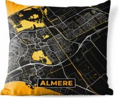 Pillowmonkey 36 Buitenkussen - Plattegrond - Almere - Goud - Zwart - 45x45 Cm - Weerbestendig