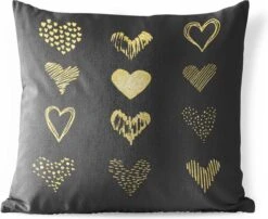 Buitenkussens - Tuin - Gouden Getekende Harten Op Zwart Papier - 45x45 Cm