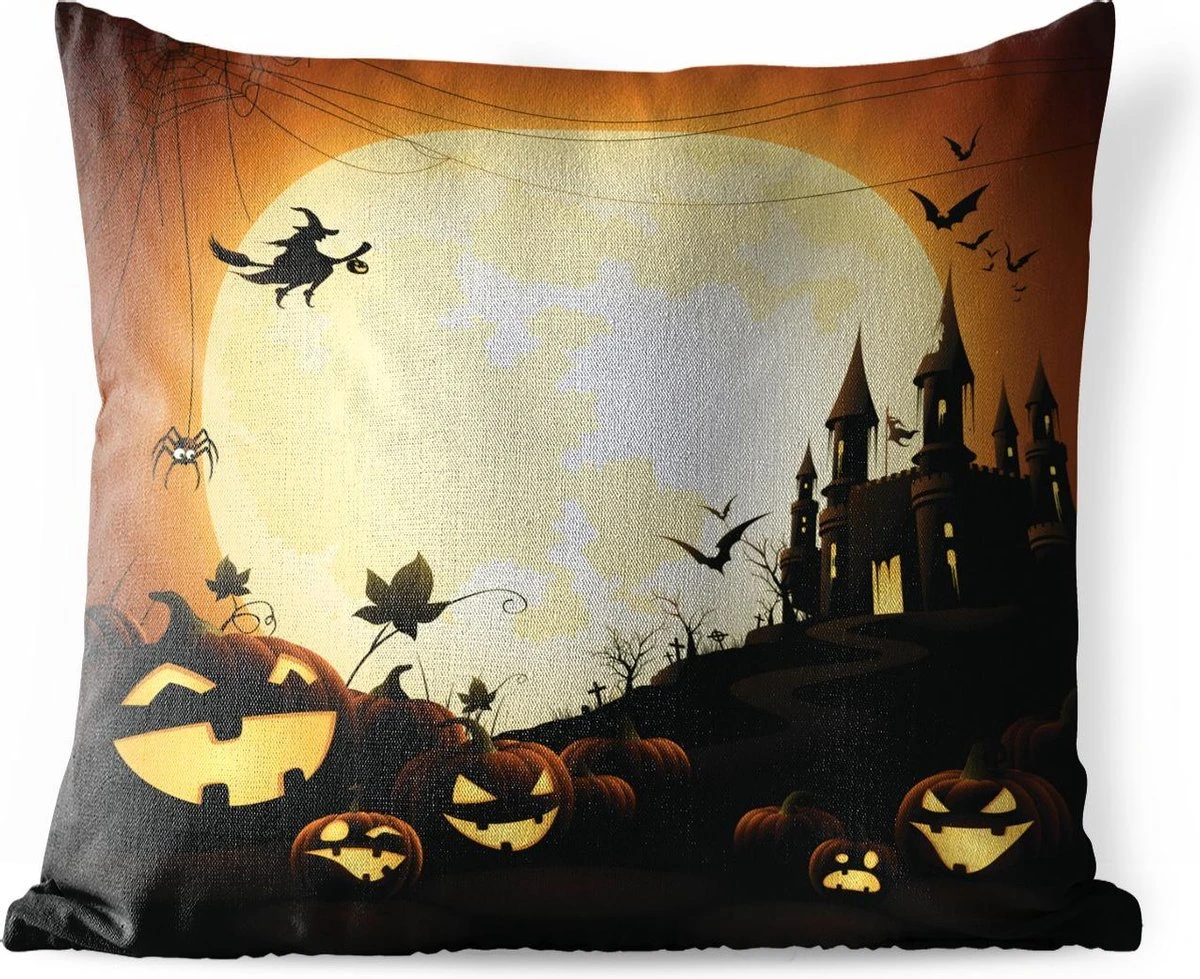 Buitenkussens - Tuin - Een Illustratie Van Een Kasteel Met Heksen En Pompoenen Tijdens Halloween - 40x40 Cm 3 Buitenkussens - Tuin - Een Illustratie Van Een Kasteel Met Heksen En Pompoenen Tijdens Halloween - 40x40 Cm