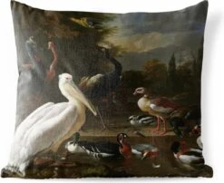 Sierkussen Melchior D'Hondecoeter Voor Buiten - Een Pelikaan En Ander Gevogelte Bij Een Waterbassin - Schilderij Van Melchior D'Hondecoeter - 45x45 Cm - Vierkant Weerbestendig Tuinkussen / Tuinmeubelkussen Van Polyester